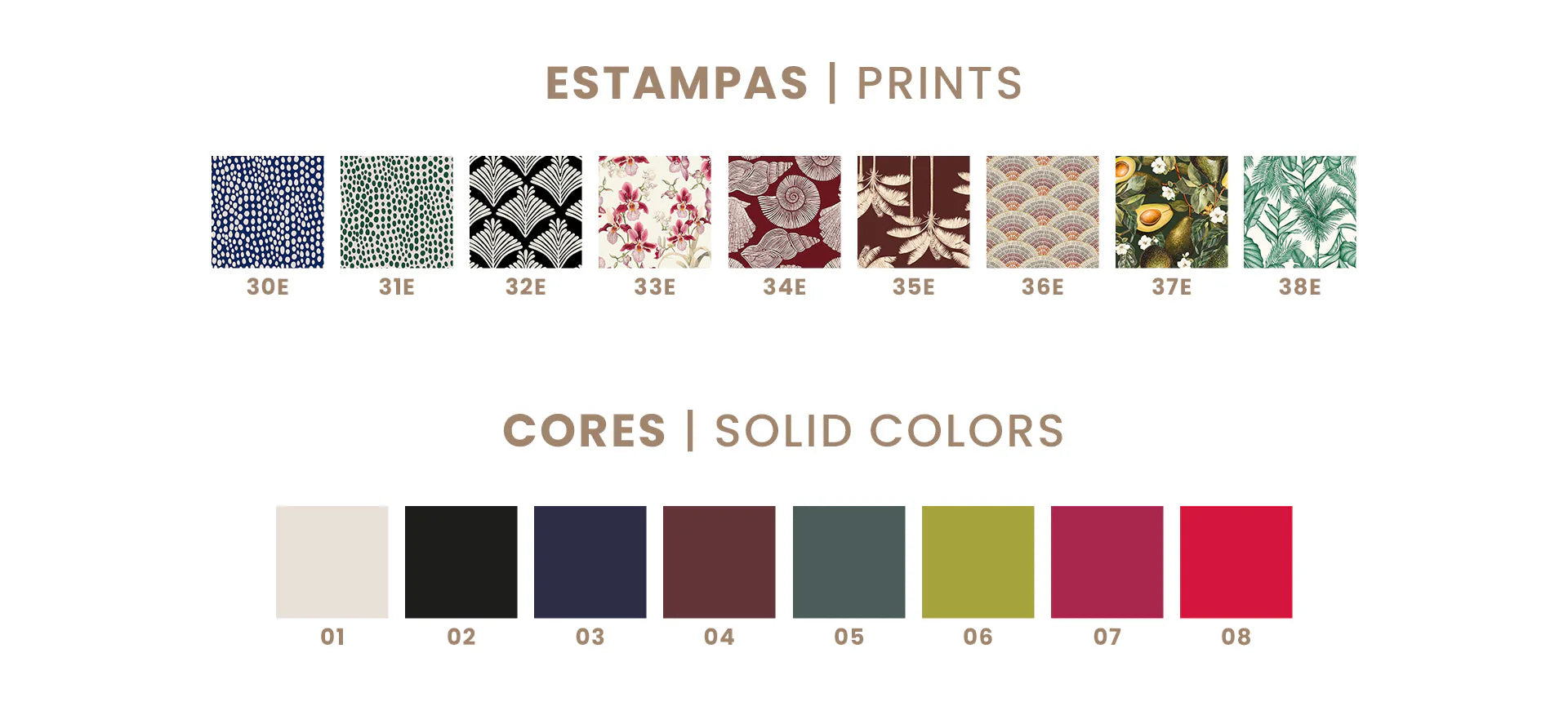 Cartela de estampas e cores da coleção Maryssil