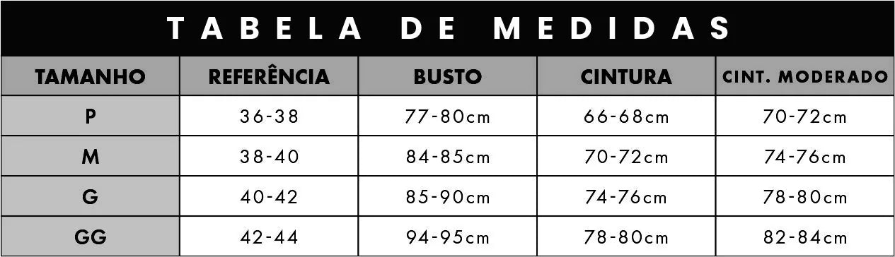 Tabela de medidas da coleção Maryssil